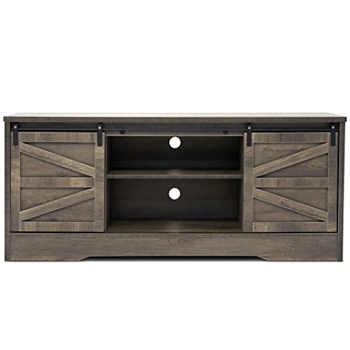 Becko Farmhouse TV Stand Entertainment Center tv Table for 65 Inch TVs Vintage Rustic Media Console Television Cabinet with Silding Barn Door & Adjustable Shelves (Gray)