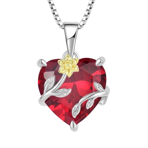JO WISDOM Women Necklace,925 Sterling Silver Sunflower Heart Pendant Necklace 3A Cubic Zirconia July Birthstone Ruby Color for Women Mother Wife Her