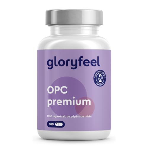 OPC Extrait de Pépin de Raisin Français 1050mg, Teneur HPLC Très Élevée, 630 mg d'OPC Pur Par Jour, 180 Capsules, 100% Naturel, Végétalien, Qualité Premium, Testé en Laboratoire