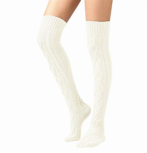 Beautyu Womens Cable Knit Long Boot Stocking Socks Over Knee High Winter Leg Warmers (long white)