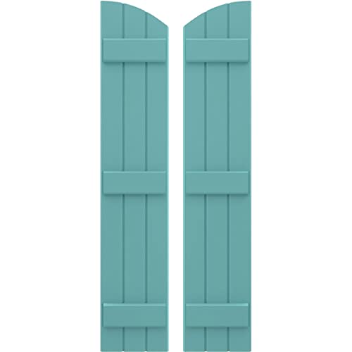 Ekena Millwork ARW401BE311X75PTH Americraft Three 3 Exterior Real Wood Joined Board-n-Batten Shutters w/Elliptical Top (Per Pair), 10 1/2"W x 75"H, Pure Turquoise