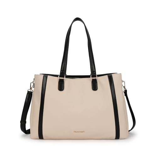 Image of Fastrack Metro Carry Laptop Tote | Faux-Leather Women's Handbag | white with black Details | 14 inch Laptop Compatible | Dual Carry Options | Pebbled Texture