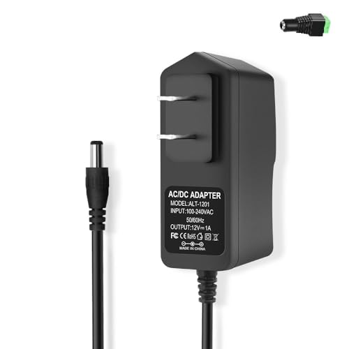 12V 1A DC Power Supply 12W AC Adapter 100-240V 50-60Hz Wall Plug to 12 Volt 1 Amp Transformer with 5.5mm x 2.5mm Barrel Plug, DC 12V 1A Power Cord, & 1 Tip