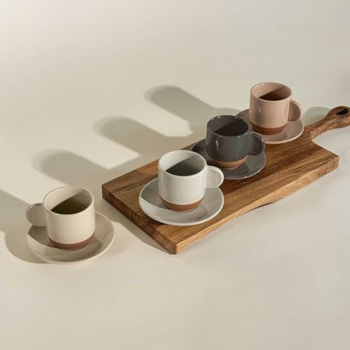 Mora Ceramic Mini Espresso Cups Set of 4, 3oz - Tiny Italian Inspired Mugs With Saucers For Small Shots of Coffee - Modern Boho Style For Any Kitchen or Cafe. Microwave Safe Porcelain - Asstd Neutrals