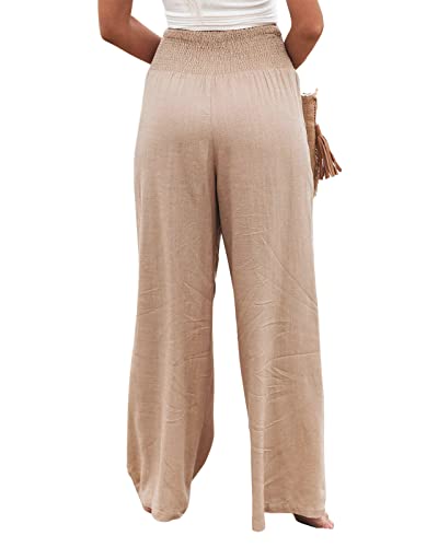 utcoco Womens Wide Leg Linen Palazzo Pants Casual Elastic Waisted Loose Fit Trousers3
