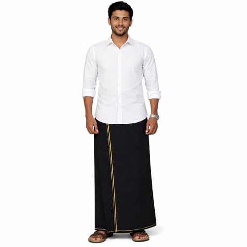 Image of Pure Cotton Dhoti for Men (1.28 x 1.87 m) | Solid Panchalu with Varied Small Color Border | Kerala Cotton Veshti, Khadi Dhoti | Lightweight Pooja & Temple Wear