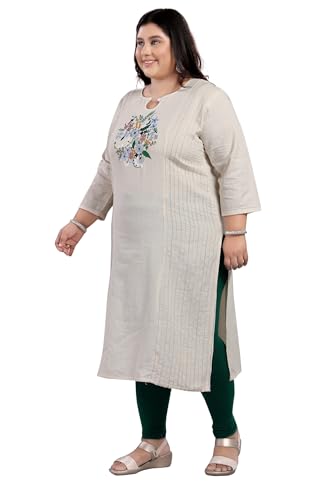 Image of DREAM & DZIRE Women's Cotton Kurti Beige in Colour Hand embrioderied for All Plus Size and Small Size