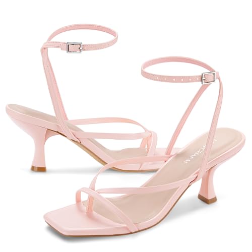 Image of Women's Kitten Heel Strappy Open Square Toe Thong Ankle Strap Heels for Wedding
