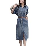 Women Denim Midi Dress V Neck A Line Short Sleeve...