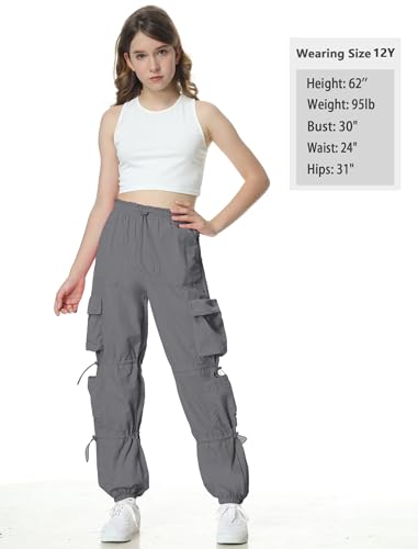 Image of EXARUS Girls Parachute Pants Cargo Hip Hop Wide Leg Baggy Y2K Teen | Tween Casual School Dance Streetwear with Pockets Elastic Waist Youth Junior Kids Bottoms Hiking 8-14Y