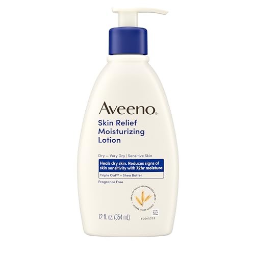 Aveeno Skin Relief Moisturizing Lotion Heals Very Dry, Sensitive Skin, Fast-Absorbing Body Lotion with Soothing Triple Oat & Shea Butter Formula, Fragrance Free, Non-Comedogenic, 12 fl. oz
