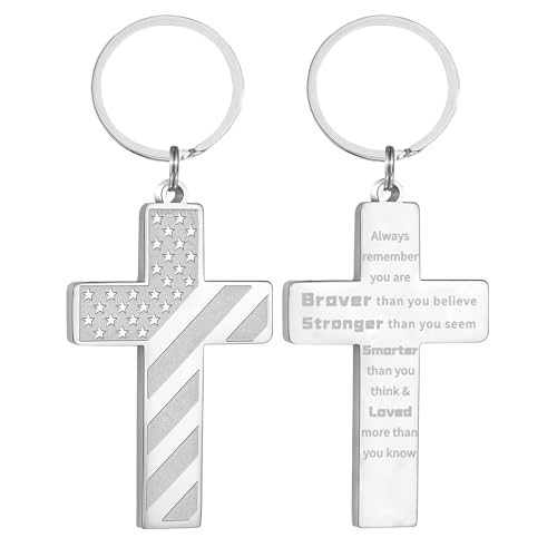 Image of DuoDiner Cross Keychain for Men American Flag Bible Verse Christian Gifts