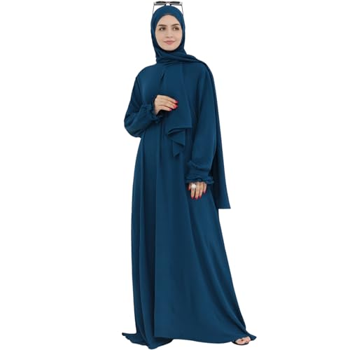 Women Muslim Dress Middle East Arabian Robe Islamic Modest Dress with Hijab Scarf Lace Sleeve Flowy Abaya Dress