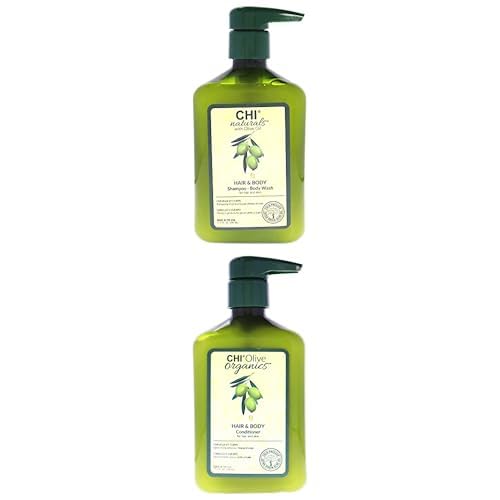 CHI Naturals with Olive Oil Hair & Body Shampoo Body Wash, 11.5 Oz and Conditioner, 11.5 Oz - Moisturizing, Sulfate & Paraben Free, 23 Fl Oz Set