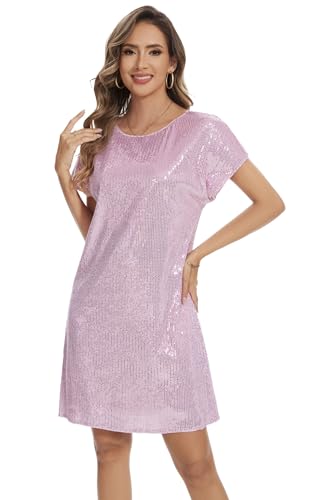Image of Women's Crewneck Sequin Shift Dress Short Sleeve Casual Holiday Sparkly Party Dress