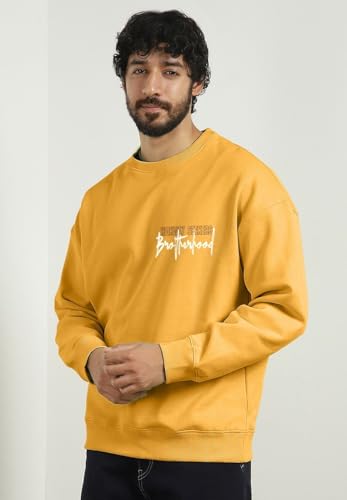 Image of Nobero Men's Graphic Printed Oversized Sweatshirt | Cotton Rich Fleece Round Neck Pullover | Relaxed Fit Casual Winter Wear for Men