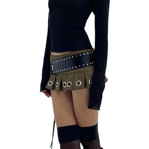 Women's Y2K PU Leather Skirts Low Waisted Studded Belt Pleated Mini Clubwear Skirt2