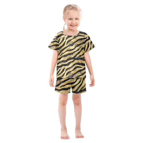 ALAZA Tiger Print Striped Yellow Black Pajamas Set Short Sleeve Cotton Sleepwear Summer Pjs 2 Piece 5-14Y3