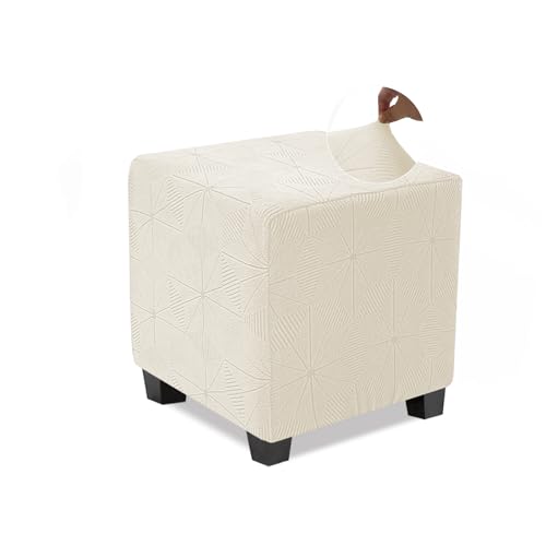 NeColorLife Small Ottoman Cover Square,Stretch Square Ottoman Covers Slipcover,Soft Knitted Jacquard Cover for Storage Stool,Footstool Protector for Living Room,Beige,1PC