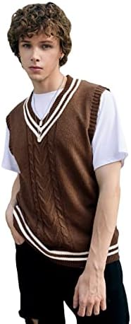 OYOANGLE Men's Rib Knit Sweater Vest Striped Sleeveless V Neck Uniform Tank Top Brown S