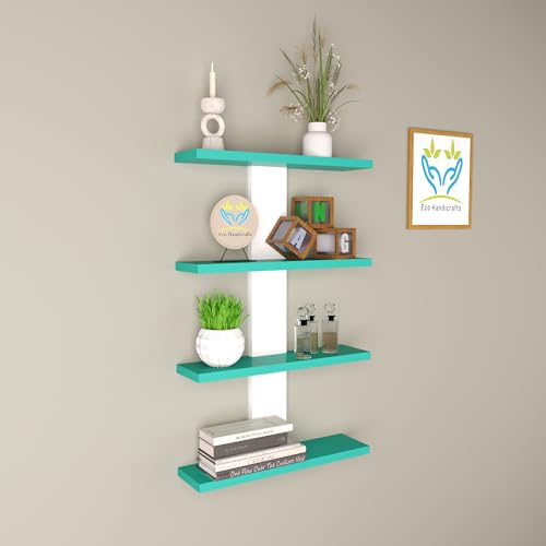 Image of Wooden Wall Mounted Floating Rack Shelves Book Stand Display Hanging Shelf Living Room Bedroom Storage Home Office for Decoration Showcase (Cyan White)