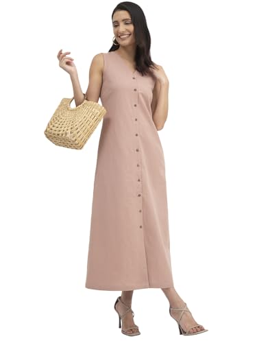 Image of FableStreet Women Casual Midi Cotton Button Down A-Line Dress | Button Down Flowly Dress Perfect for Outings