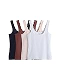 THE SET Mujeres Pack de 4 camisetas sin mangas acanaladas con escote cuadrado y ribete de encaje Black/Brick Red/Pink/White XL