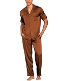 Ekouaer Men Satin Silk Pajamas Set 2 Piece Button Down Sleepwear Long Pants Loungewear with Pockets Brown