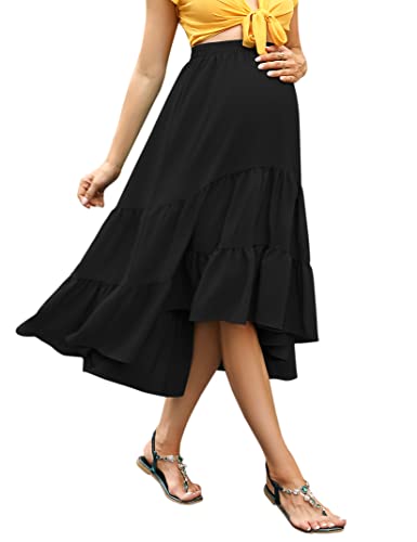 FUNJULY Maternity Dress Women's High Waist Floral Print Pleated Maxi Skirt Casual Flowy Swing A Line Long Skirts Black XL