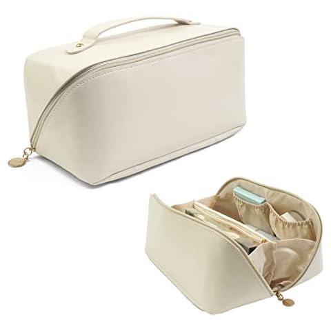 S-SNAIL-OO 2022 Upgrade Large-capacity Travel Cosmetic Bag, Women Pu Leather Waterproof Portable Cosmetic Bag with Handle, Storage Bag for Place Skin Care Products, Jewelry, Sundries., White, Dfsdg Cover