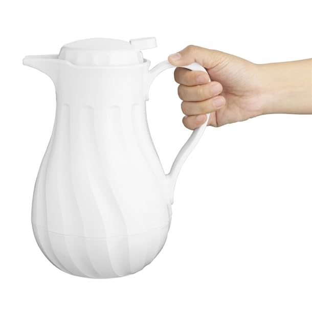Olympia Insulated Swirl Jug, White, 1.2Ltr - Suitable for Hot and Cold Drinks Thumb-Operated Lid CH119, 1.2 Litres - Image 2