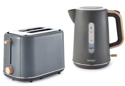 Tower Scandi Grey 1.7L 3KW Rapid Boil Kettle & 2 Slice Toaster. Matching Scandinavian Minimalist Design Kettle & 2 Slice Toaster Set in Grey