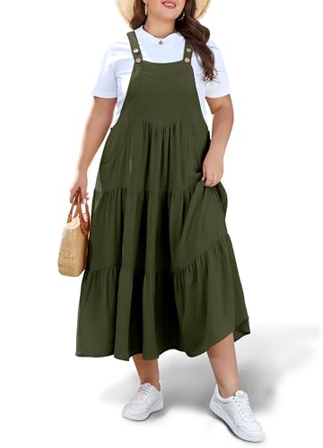 Moon Wood Oversize-Kleid für Damen, Pulloverkleid mit Taschen, Sommer, lässig, Strapsriemen, gestuftes Maxikleid, Grün (Army Green), 3XL Große...