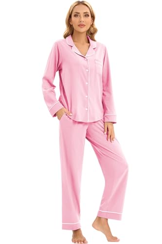 Image of LUBOT 100% Cotton Pajamas for Women PJ Set Soft Button-Down Long Sleeve Shirt Two-piece Set Warm Sleepwear Loungewear Set (Pink, L)