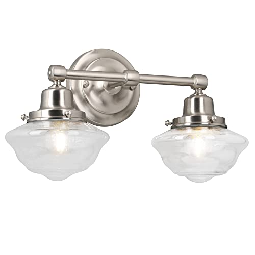 Image of Design House Vintage-Inspired Schoolhouse 2-Light Dimmable Vanity Light, 16.875 in x 7.625 in x 9.5 in, Satin Nickel, Clear Seeded Glass Shades, 589135-SN