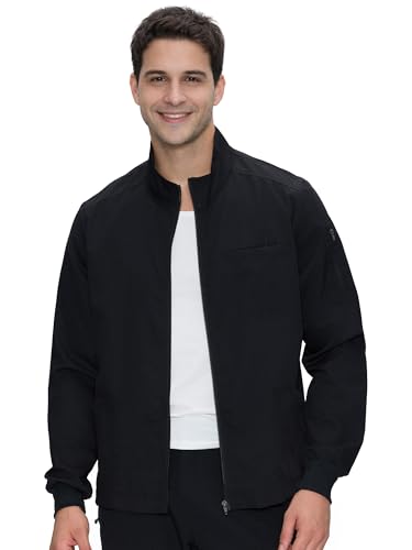Scrub Jacket Men Zip Front Mens Medical Scrub Jacket with 5 Pockets Soft Stretch Fabric Black L