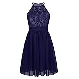 iEFiEL Kids Big Girls Floral Lace Chiffon Birthday Party Dance Flower Girls Dress Junior Wedding Bridesmaid Prom Gowns Navy Blue Chiffon 14
