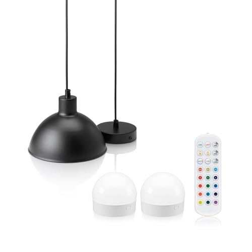 Auraglow Rechargeable Wireless Pendant Light with Remote – Cordless, Battery-Powered, Dimmable, Colour-Changing (Black, 1 Lamp, 2 Light Sources, 1 Remote)