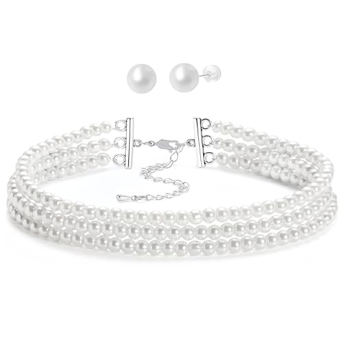 Pearl Choker Boho Layered Pearl Choker Necklace With Earing Jewelry Sets for Women Vintage Imitation Pearls Necklaces for Women Bridal Wedding 20s Theme Party Costume Pearls Jewelry Valentines Gifts
