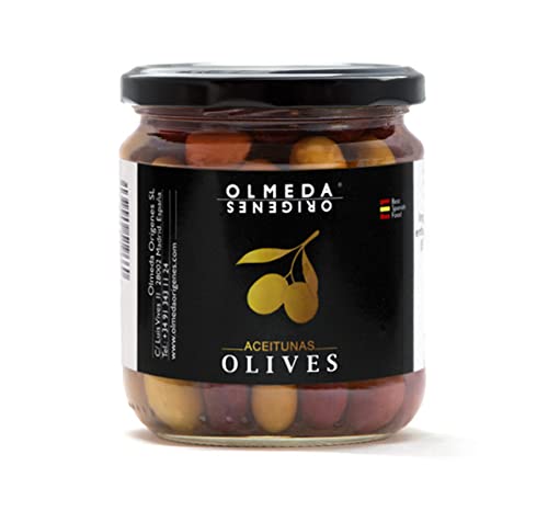 OLMEDA ORÍGENES - Mix Aceitunas Manzanilla, Arbequina y Cuquillo (Tarro cristal 370 gr)