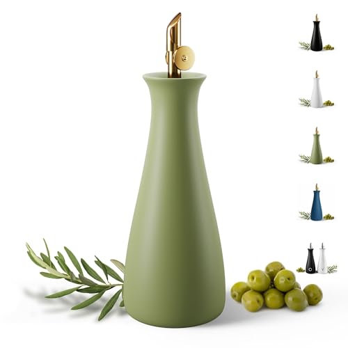 Ceramic Olive Oil Dispenser with Self-Closing Gold Spout - 530 ML Capacity Matte Green Ceramic Oil Dispenser for Kitchen - Leak Proof EVOO Dispensing Bottle - Stylish, Ergonomic, Durable, Easy Pour