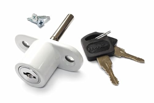 FERPASA®   Cerradura de Seguridad para Ventanas Correderas – Cierre de Sobreponer de Acero en Acabado Blanco con 2 Llaves y Tornillería (53,5 x 23,5 mm)