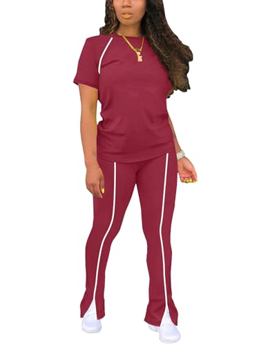 Image of STOLKISS Women 2 Piece Outfits Summer Workout Sweatsuit Striped Short Sleeve Long Flare Pants Casual Travel Tracksuit