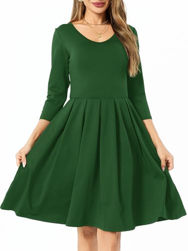 Image of Women's 3/4 Sleeve 2026 Trendy Spring Casual Wedding Guest Flowy A-Line Midi Party Vavation V Neck Midi Dresses