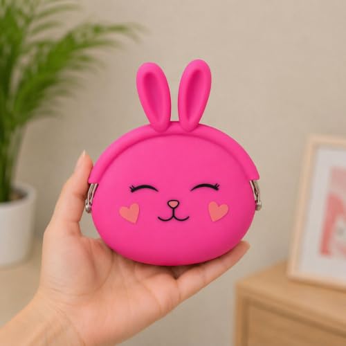 Image of FunBlast Cute Bunny Shape Silicone Coin Purse for Kids & Adults - Mini Pouch for Coins, Earphones, Keys & Small Essentials, Aesthetic Pouches for Girls & Women - 12 X 9.5 X 3 Cm (Bunny-Dark Pink)
