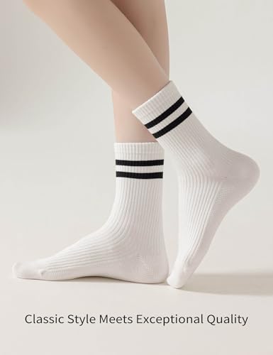 6 Pairs Solid Color Retro Stripe Crew Socks Casual Striped Socks for Women Girls2