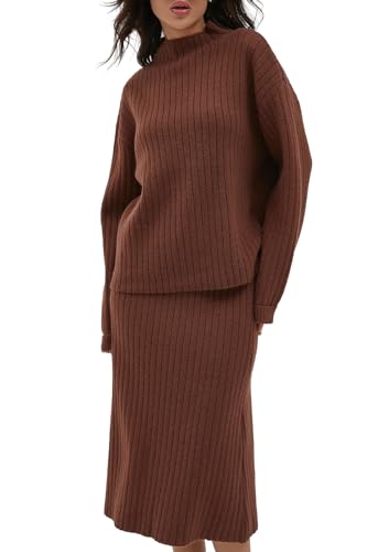 Image of CHYRII Womens Fashion Two Piece Outfits Mock Neck Oversized Sweater Tops Skirt Sets Sweater Dress Lounge Set