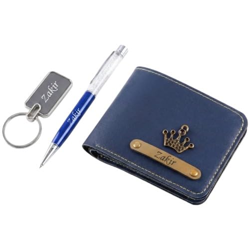Image of Personalized Name Wallet, Pen & Keychain Combo for Men (Blue) | Customized Mens Wallet Name Engraved with Charm | Custom Gift Set for Birthday, Anniversary, Husband, Boyfriend, Boys