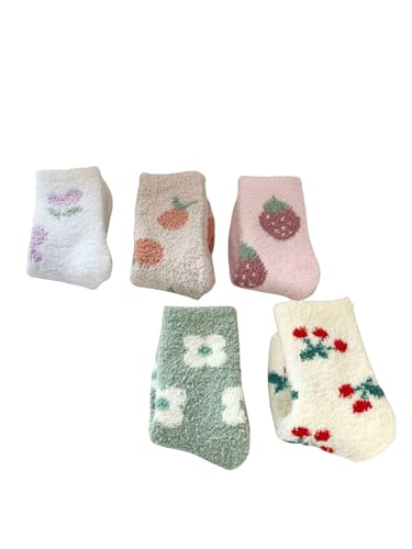Image of WDIRARA Women's 5 Pairs Cherry Fruit Fuzzy Socks Winter Warm Slipper Socks Cozy Home Sleeping Socks
