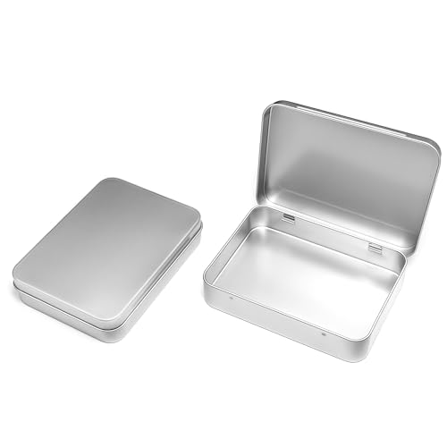 Image of 2 Pcs Flip-Top Tin Rectangular Metal Tin Boxes with Hinged Lids (4.5 x 3.5 x 0.9 Inch), Empty Storage Containers in for Gift Cards, Crafts, Hardware & EDC Survival Kits, Silver